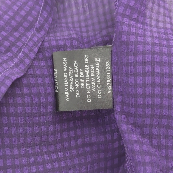Basque Blouse Size 14 Purple Sheer Ruffle Short Sleeve Button-up Check Elastic - Picture 13 of 13
